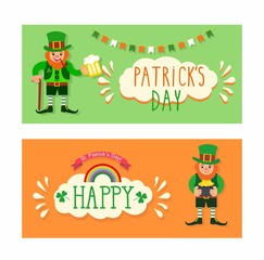 St. Patrick's Day banner. leprechaun with a pot of gold. St. Patrick's Day card. Leprechaun with a stick, smoking pipe and a glass of beer