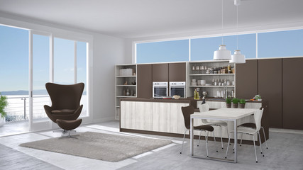 Modern white and brown kitchen with wooden details, big window with sea or lake panorama