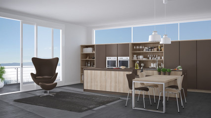 Modern gray and brown kitchen with wooden details, big window with sea or lake panorama