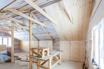 the interior of the frame house in process of construction