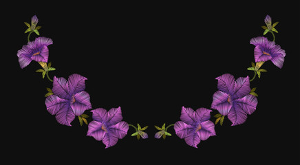 Fototapeta na wymiar Embroidery crewel floral petunia neckline decoration. Vector illustration