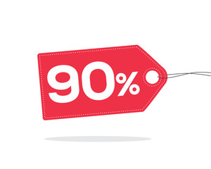 Red price tag label with 90% text on it and with shadow isolated on white background.