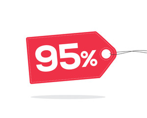 Red price tag label with 95% text on it and with shadow isolated on white background.