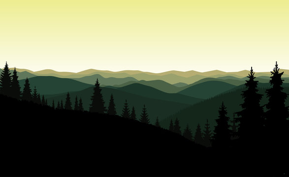 Mountain landscape. Green and yellow shades. Sunset.
