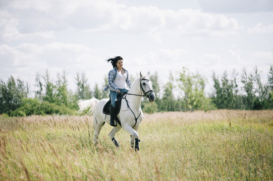 Happy brunette woman riding her white stallion, having fun at the summer field