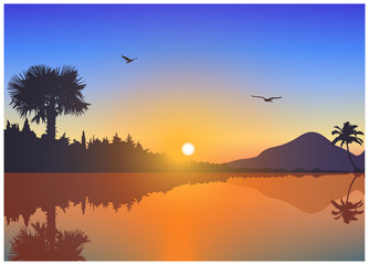 Image  landscape. Sunset on exotic island with volcano and palms. A birds on the background of colorful sky . Blue and yellow tones.