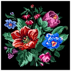 Gordijnen Color bouquet of wildflowers (lilia, bellflower, barberry flower, rose and cornflowers) on the black background using traditional Ukrainian embroidery elements. Can be used as pixel-art. © yik2007