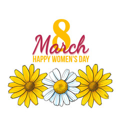 Happy womens day, 8 March greeting card, poster, banner design with three wild flowers, yellow and white, sketch style vector illustration. 8 March, womens day greeting card template with flowers