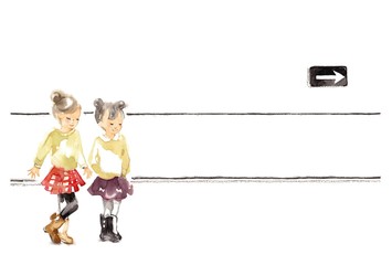 街中の子ども、赤いスカート、紫のスカート