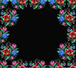 Color bouquet of wildflowers (lilia, bellflower, barberry flower and cornflowers)  on borders on the black background using Ukrainian embroidery elements. Place for text. Can be used as pixel-art.