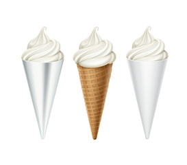 Vector set of White Classic Soft Serve Ice Cream Waffle Cone in White Carton Foil Wrapper Close up Isolated on White Background