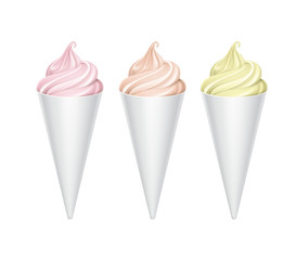 Vector set of Colorful Light Pink Yellow Soft Serve Ice Cream Waffle Cone of Different tastes in Dark White Carton Wrapper Close up Isolated on White Background
