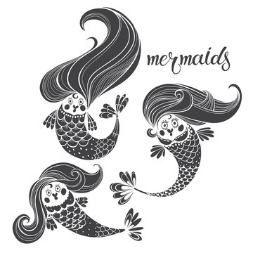 Three mermaids. Fairytale cartoon characters. Vector  illustration,  silhouettes.  Black and white isolated elements for design.