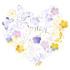 PrintSpring watercolor vector background with butterflies and flowers. Illustration of heart shape on a white background.