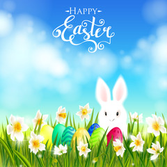Happy Easter card with eggs, rabbit, spring flowers, green grass and blue sky. Vector illustration