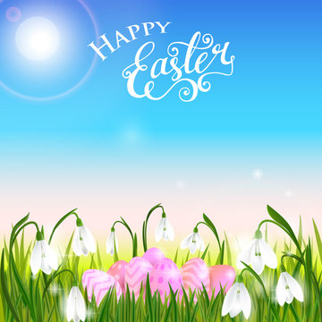 Happy Easter card with eggs, rabbit, spring flowers, green grass and blue sky. Vector illustration