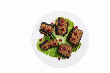  fried eggplant rolls with walnut traditional Georgian dish white background top view