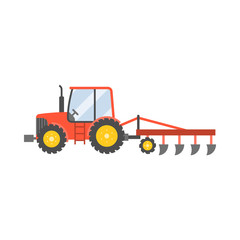 cardsheepred tractor with plow for planting crops icon isolated on white background,flat design vector illustration