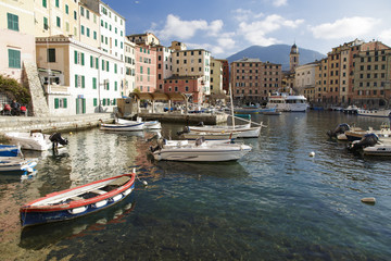 Fototapeta premium Moored boats at the waterfront in Camogli