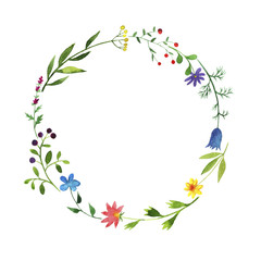 round frame with watercolor doodle plants and flowers