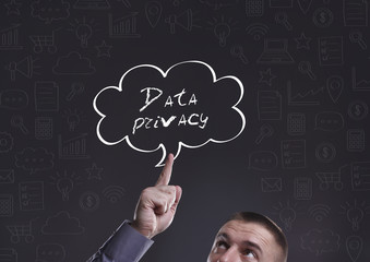 Business, Technology, Internet and marketing. Young businessman thinking about: Data privacy