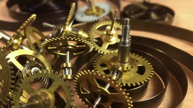 Track forward over a collection of clockwork gears and springs.