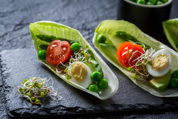 Healthy salad in chicory with egg, sprouts and avocado
