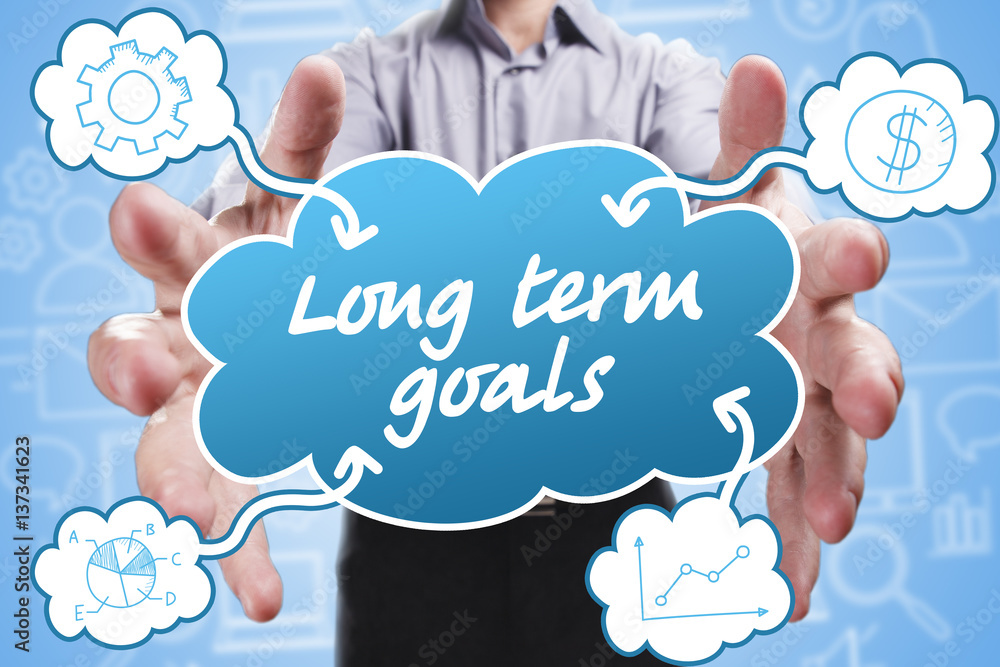 Wall mural business, technology, internet and marketing. young businessman thinking about: long term goals