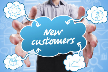 Business, Technology, Internet and marketing. Young businessman thinking about: New customers