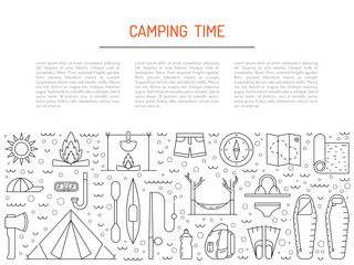 Vector linear icons on the topic of camping and Hiking in the wild, forest, lake, mountains, painted in a linear style.