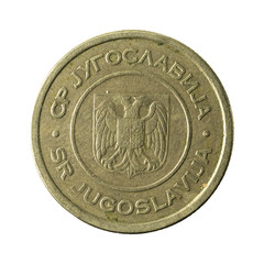 5 yugoslav dinar coin (2002) reverse isolated on white background