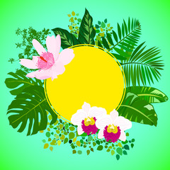 Card with tropical flowers, palm and banana leaves