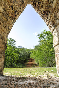 sight of the arch at the beginning of the sacbe in the archaeological Kabah enclosure in Yucatan, Mexico.
