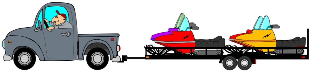 Illustration of a man driving a pickup truck pulling a flatbed trailer carrying four snowmobiles. © Dennis Cox
