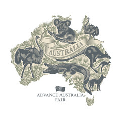 Животные Австралии на карте страны, иллюстрация, вектор