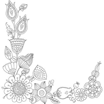 doodle floral greeting card, black and white floral frame