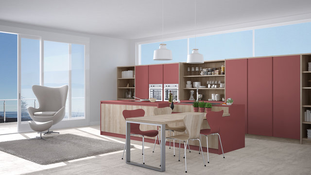 Modern white and red kitchen with wooden details, big window with sea or lake panorama