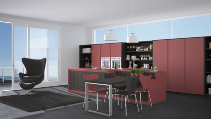 Modern gray and red kitchen with wooden details, big window with sea or lake panorama