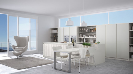Modern white kitchen with wooden details, big window with sea or lake panorama