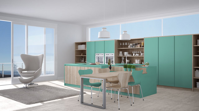 Modern white and turquoise kitchen with wooden details, big window with sea or lake panorama