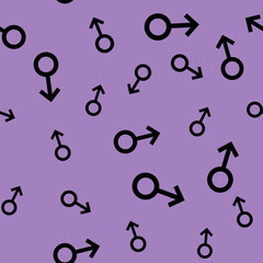 Seamless pattern with the black male symbols. Male signs different sizes. Pattern on purple background. Vector illustration