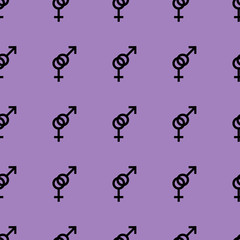 Obraz premium Seamless pattern. Female and male romantic collection. Female and male black small signs same sizes. Pattern on purple background. Vector illustration