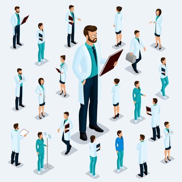 Trendy isometric people. Medical staff, hospital, doctor, nurse, surgeon. People for the front view of the visas, standing position isolated on a light
