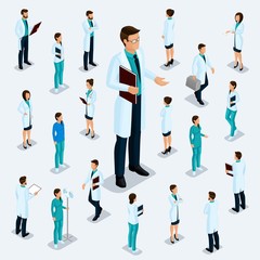 Fototapeta na wymiar Trendy isometric people. Medical staff, hospital, doctor, nurse, surgeon. Large Director, People for the front view of the visas, standing position isolated