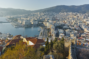Obraz premium Ruins of fortress and panorama to Kavala, East Macedonia and Thrace, Greece
