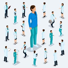 Fototapeta na wymiar Trendy isometric people. Medical staff, hospital, doctor, surgeon. People for the front view of the visas, standing position isolated on a light background