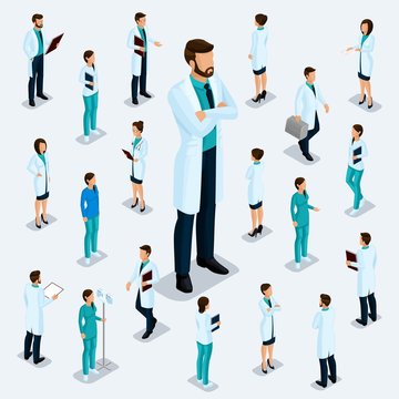 Trendy isometric people. Medical staff, hospital, doctor, nurse, surgeon. People for the front view of the visas, standing position isolated on a light background 4