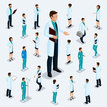 Trendy isometric people. Medical staff, hospital, doctor, nurse, surgeon. Large Director, People for the front view of the visas, standing position isolated