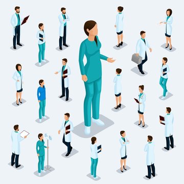 Trendy isometric people. Medical staff, hospital, doctor, surgeon. Most nurse, People for the front view of the visas, standing position isolated on a light background. Set 1
