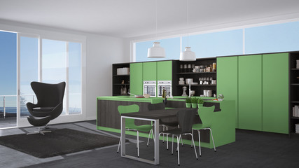 Modern gray and green kitchen with wooden details, big window with sea or lake panorama